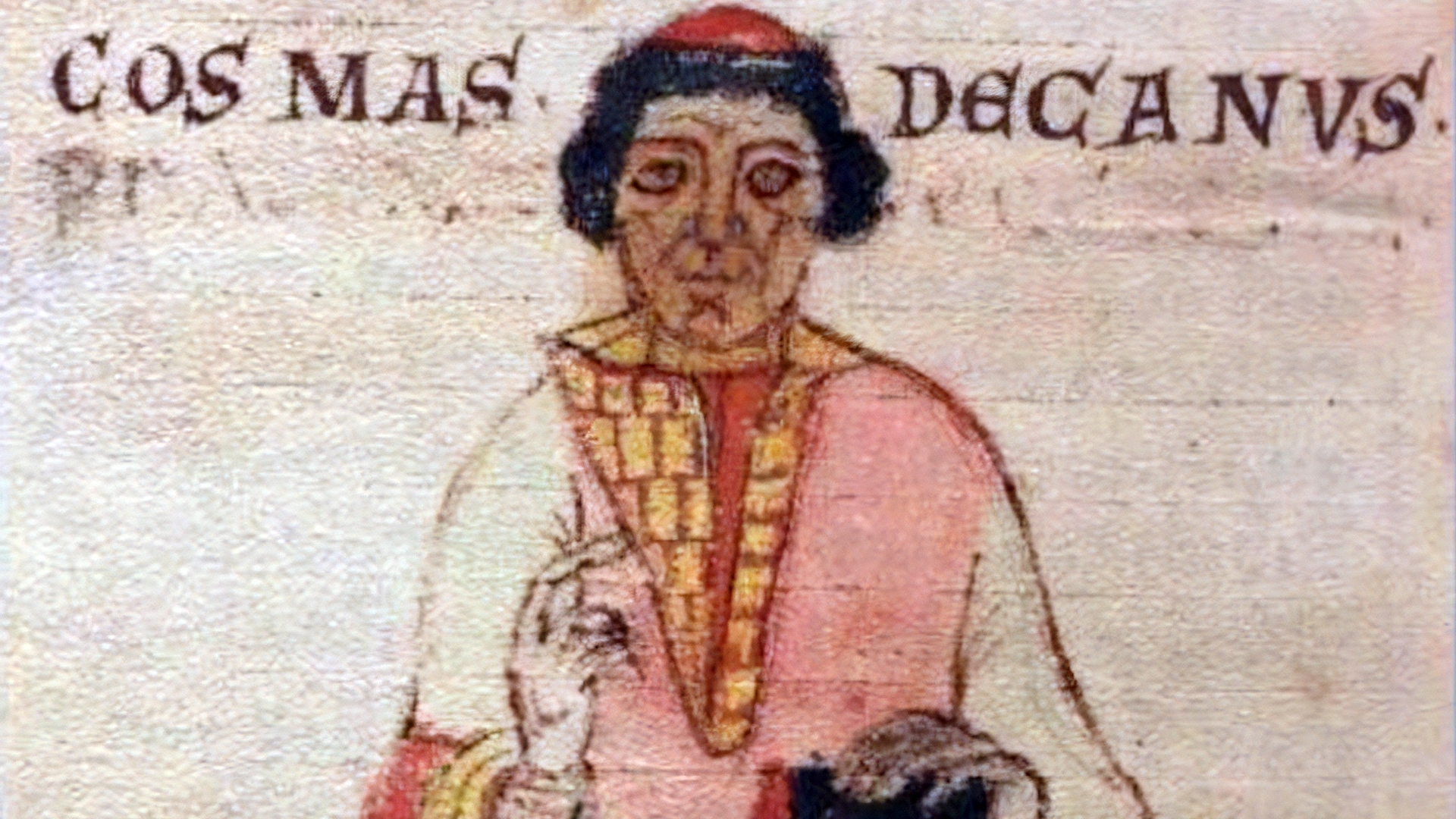 A picture of Cosmas of Prague with text "Cosmas decanus"